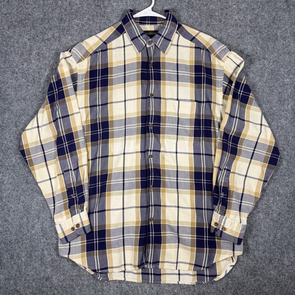 Vintage Banana Republic Plaid Flannel Shirt Men's Medium Blue Tan Long Sleeve